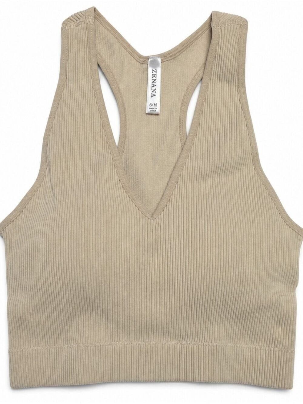 Zenana Ribbed Seamless Padded Bralette Top S/M Beige Nude NWOT